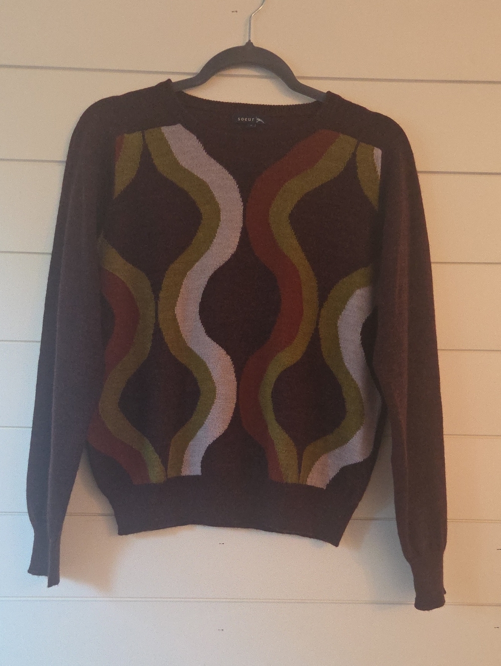 Soeur Brown Wave-Pattern Crewneck Sweater Size FR2, US 4/S